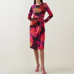 Abstract Floral Gathered Wrap Dress