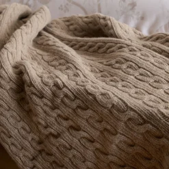 Fashion FOXFORD Cable Knit Beige Merino Bed Blanket