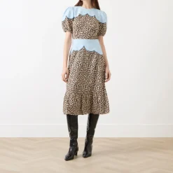 Embroidery Panelled Leopard Dress