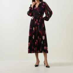 Floral Pleated Wrap Dress