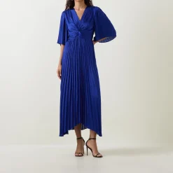 Flutter-Sleeve Pleated Flared Dress