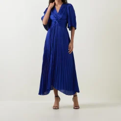Flutter-Sleeve Pleated Flared Dress