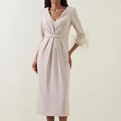 Gathered Feather-Trim Dress