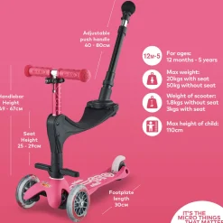 Girls Mini Micro 3in1 Deluxe Push Along Scooter