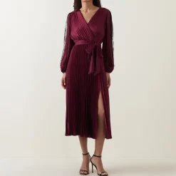 Lace-Sleeve Pleated Wrap Dress