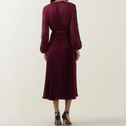 Lace-Sleeve Pleated Wrap Dress