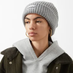 Clearance GANNI Logo Ribbed Beanie Hat