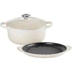 Signature Cast Iron Round Casserole Dish 22cm & Round Grill 25cm Two-Piece Set