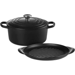 Outlet LE CREUSET Signature Cast Iron Round Casserole Dish 22cm & Round Grill 25cm Two-Piece Set