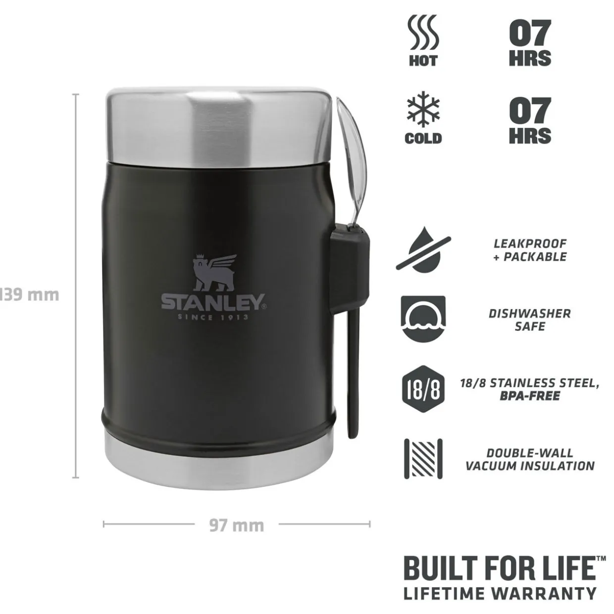 The Matte Black Pebble Classic Legendary Food Jar and Spork 0.4L