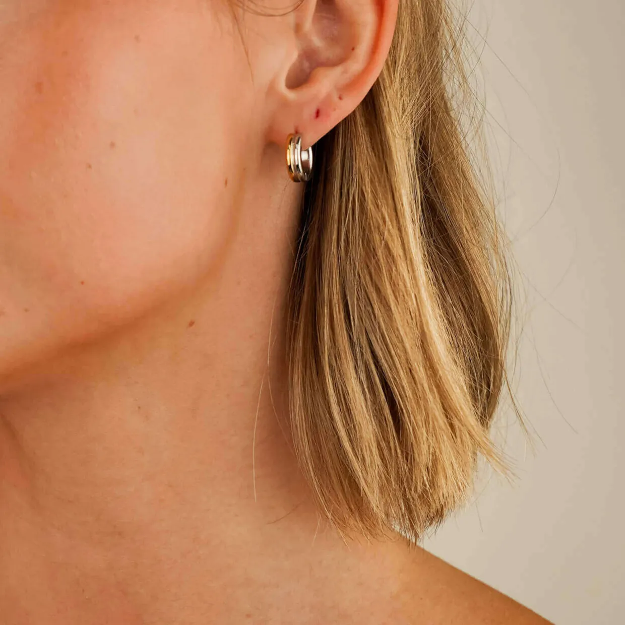 Two Tone Barrel Huggie Earrings