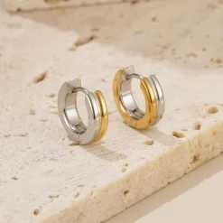 Two Tone Barrel Huggie Earrings