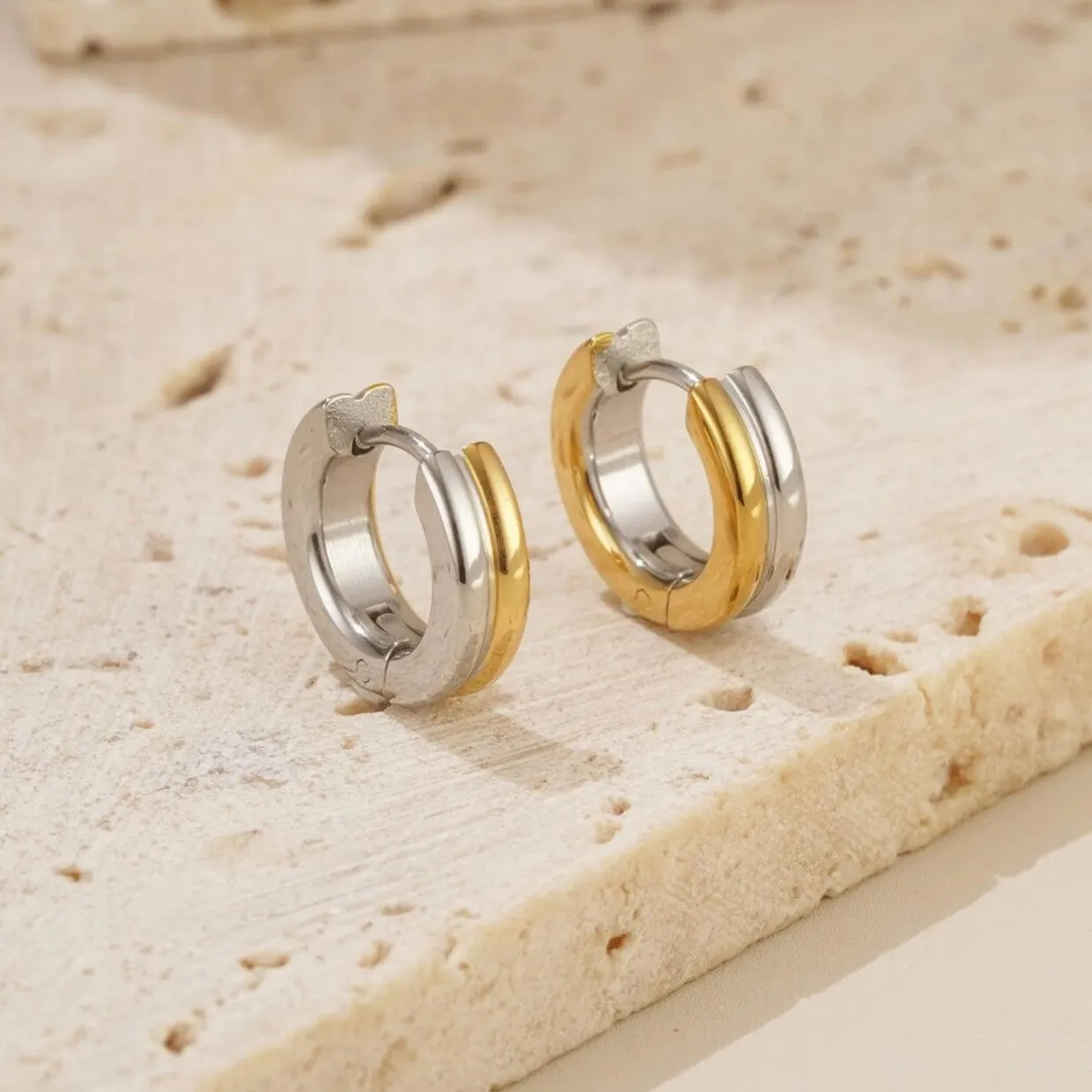 Two Tone Barrel Huggie Earrings